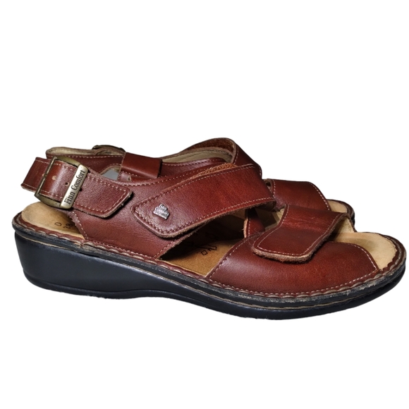 Finn Comfort Sandals Red Leather Slingback Low Wedge Adjustable Peep Size 38 - Picture 1 of 14